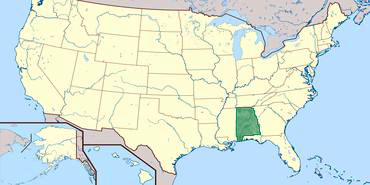 Eine Karte der USA, auf der der Bundesstaat Alabama farblich hervorgehoben ist